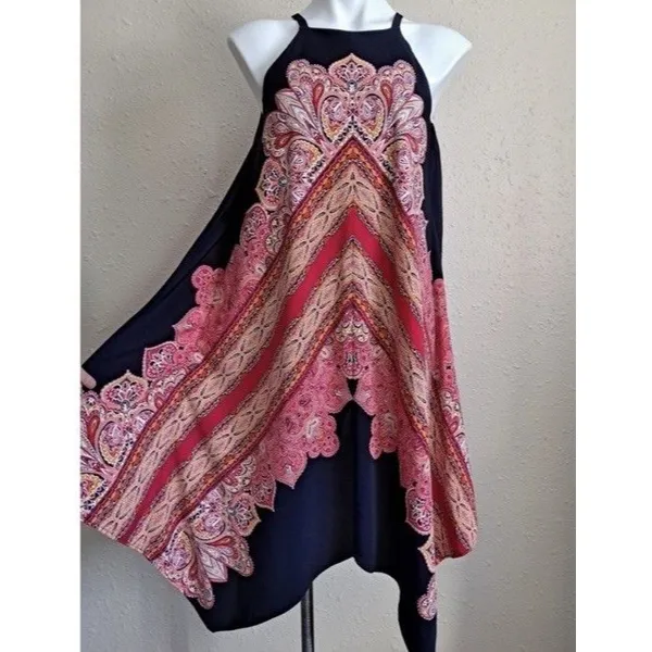 MAGGY LONDON Navy And Coral Floral Asymmetrical handkerchief Gypsy Dress Size 12 - Image 3