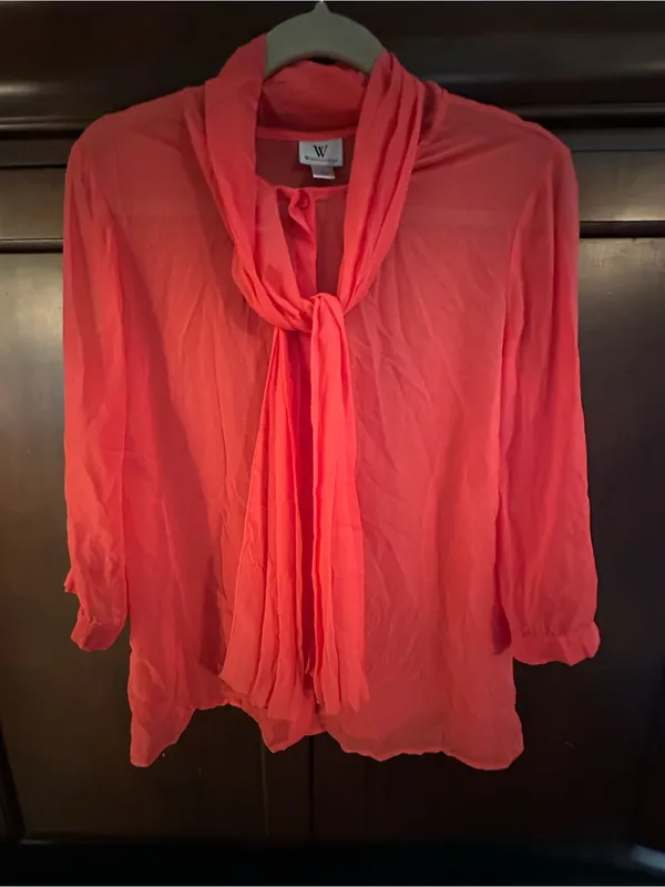 Worthington Coral-Red Sheer Tie-Neck Blouse - Image 3