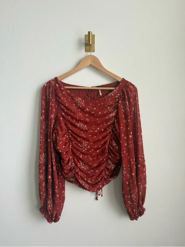 Free People L Ruched Floral Chiffon Open Back Blouse Balloon Sleeve Boho Top - Image 2