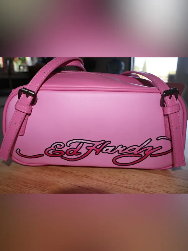 Ed Hardy Pink Shoulder Bag Tattoo Skull Rose Butterfly Rhinestone Barrel Satchel - Image 10