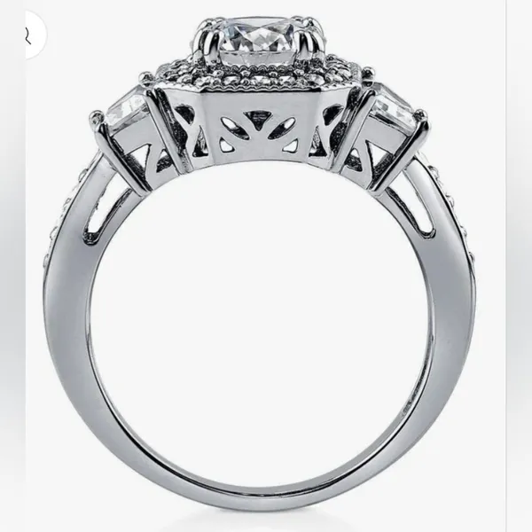 Sterling Silver Round Cubic Zirconia Halo Art Deco Ring (5) - Image 5
