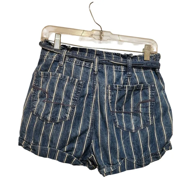 American Eagle Blue Striped Denim Belted Pleated Cotton Paperbag Shorts Size 4 - Image 2