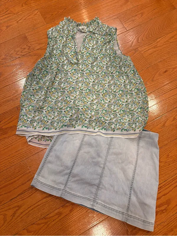 Cottagecore Picnic Outfit Bundle Floral Top Denim Mini Skirt Spring Summer - Image 2