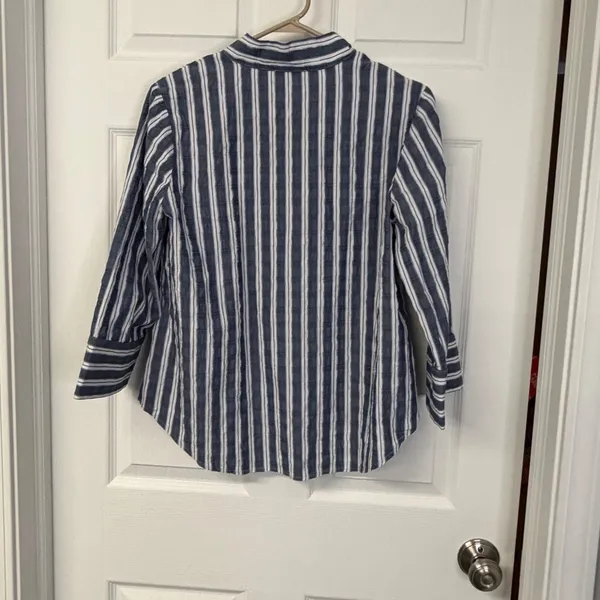 Habitat Clothes to Live In Blue White Striped Split Neck Side Button Top S 11944 - Image 5