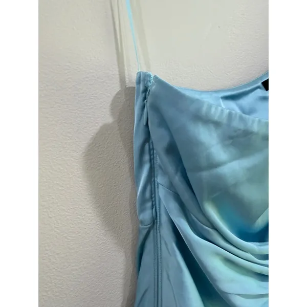 Abercrombie & Fitch Light Blue Satin One Shoulder Ruched Midi Dress XSP - Image 6