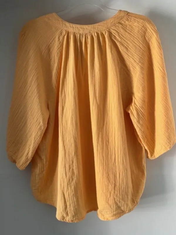 Wonderly Women’s Large Mustard Yellow Gauze Peasant Blouse Boho Split Neck Top - Image 3