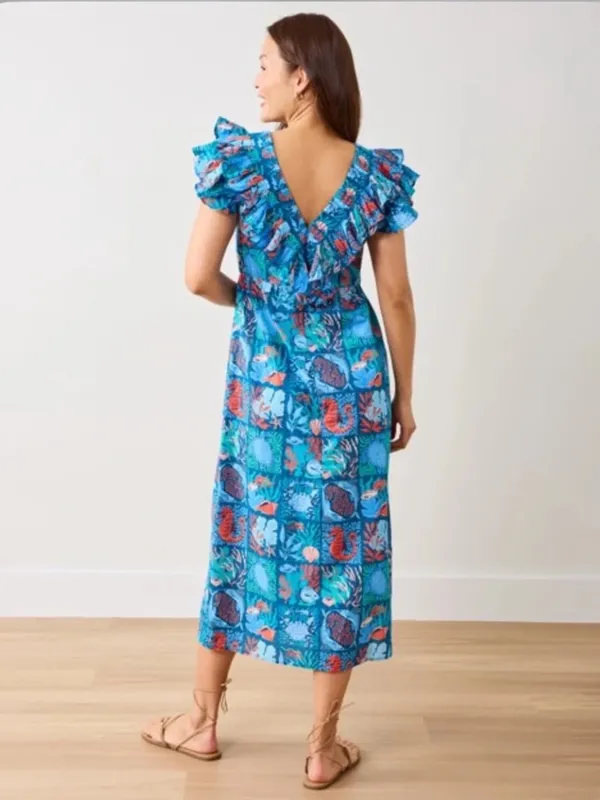 Printfresh Lola Midi Dress ruffle Nautical Tiles Seaside ocean animals fish reef - Image 4