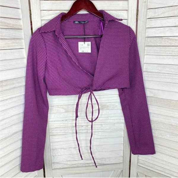 Zara Houndstooth Cropped Polo Top Purple Black‎ Small Long Sleeve Deep V-neck - Image 10