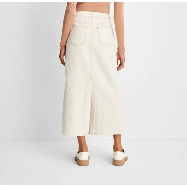 Future Collective Cream Denim Maxi Skirt High Rise Raw Hem‎ Off White Size 10 - Image 2