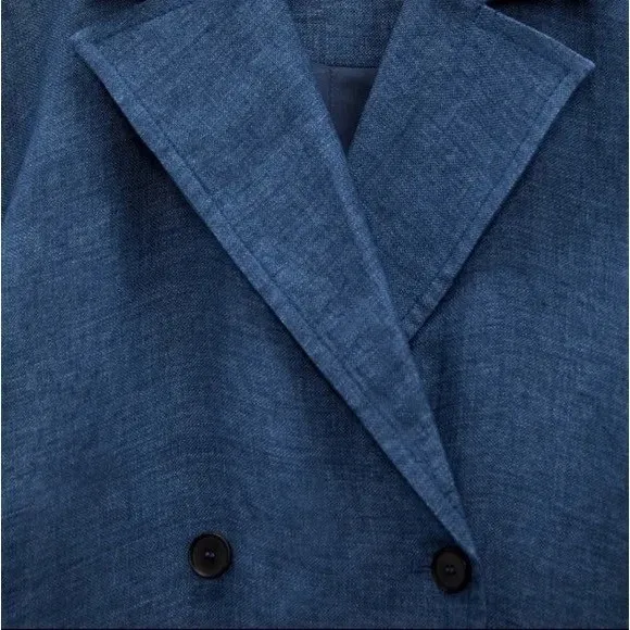 ZARA Limited Edition Linen Coat Buttons Pockets Double Breasted Blue X-Small - Image 11