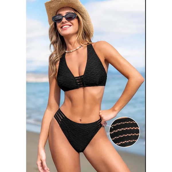 Cupshe Black Textured Diamond Racerback Bikini Set Womens L - Image 2