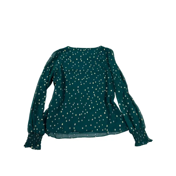 Lilly Pulitzer Green Silk Gold Metallic Polka Dot Smocked Cuff Blouse Top 07109 - Image 3