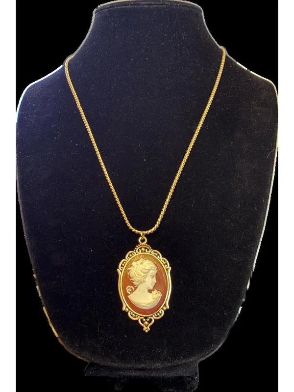 Vintage Style Gold Tone Cameo Necklace – Mid Century Victorian Revival 24” - Image 2