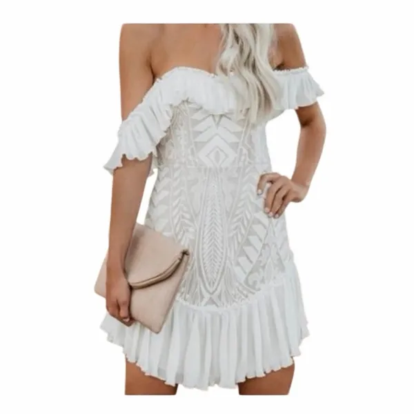 Saints + Secrets White Lace Dress Ruffled Off the Shoulder - Image 10