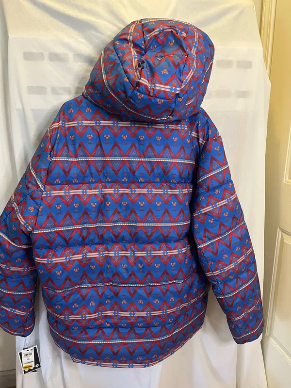 Blue and red geometric pattern puffer jacket with hood, size XL #winterjacket #geometric. #169 - Image 3