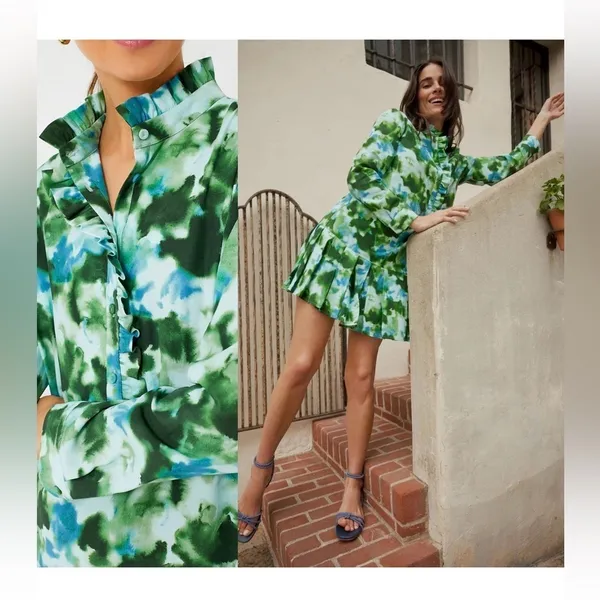 Tuckernuck Deep Lagoon Tate Mini Dress XS NWT Green Blue Floral Shirt Dress - Image 5