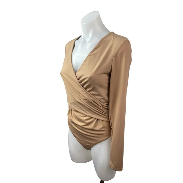 Abercrombie & Fitch Women's Brown V Neck Long Sleeve Drape Wrap Bodysuit Top S - Image 3