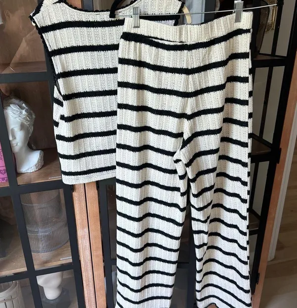 Mango knit set tie front top pants striped white black cream sleeveless long - Image 3