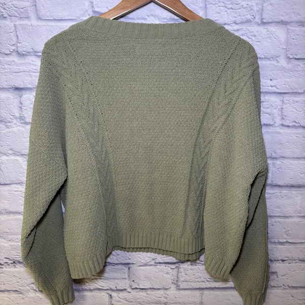 Hollister Women's Green Large V-Neck Cable-Knit Cardigan Hipster Teenager - Image 10
