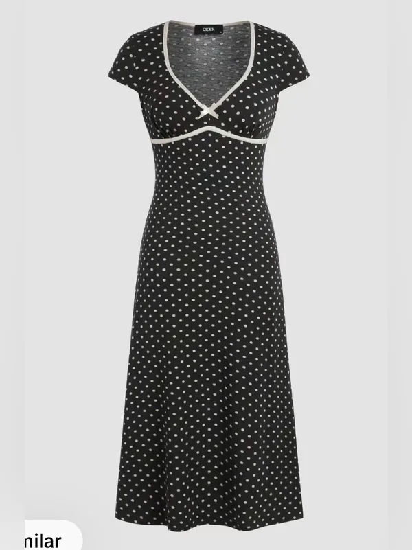 Cider Knit V-neck Spot Bowknot Midi Dress - Image 2