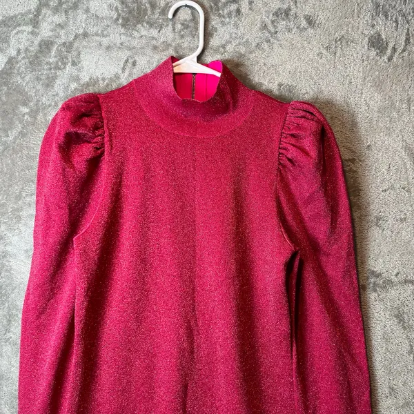 Alice + Olivia Issa Turtleneck Puff Sleeve‎ Dress Pink Glitter LG Wool Blend New - Image 2