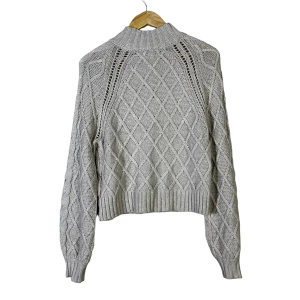 American Eagle Diamond Cable Pointelle Sweater Gray Mock Neck Balloon Size S - Image 5