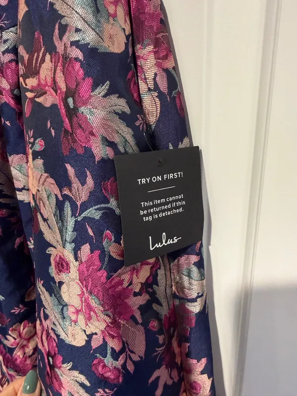 Lulus Attractive Essence Navy Floral Jacquard Midi Dress Pockets Size L NWT - Image 4