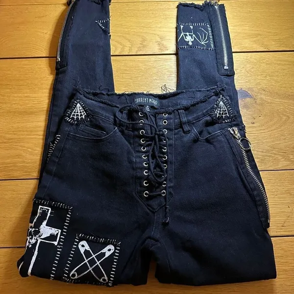 Dolls Kill Current Mood Stitch Lace-Up Patchwork Jeans black stretch denim s got - Image 2