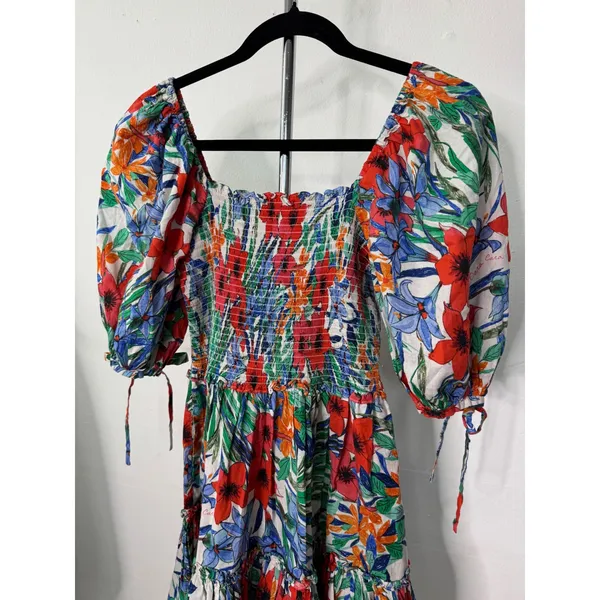 Cara Cara Floral Mini Dress Multi Smocked Puff Sleeve Tiered Cotton M - Image 4