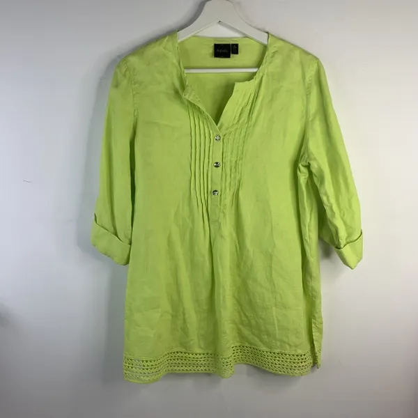 Rafaella Size S Linen Tunic Top Shirt Roll Tab Sleeve Neon Green Button Front - Image 4