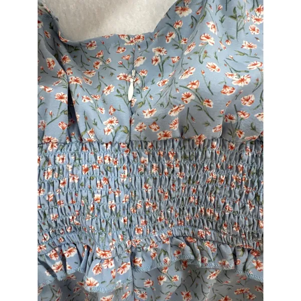 Light Blue Floral Smocked Mini Dress Ruffle Sleeve Women Small H2F367‎ - Image 6