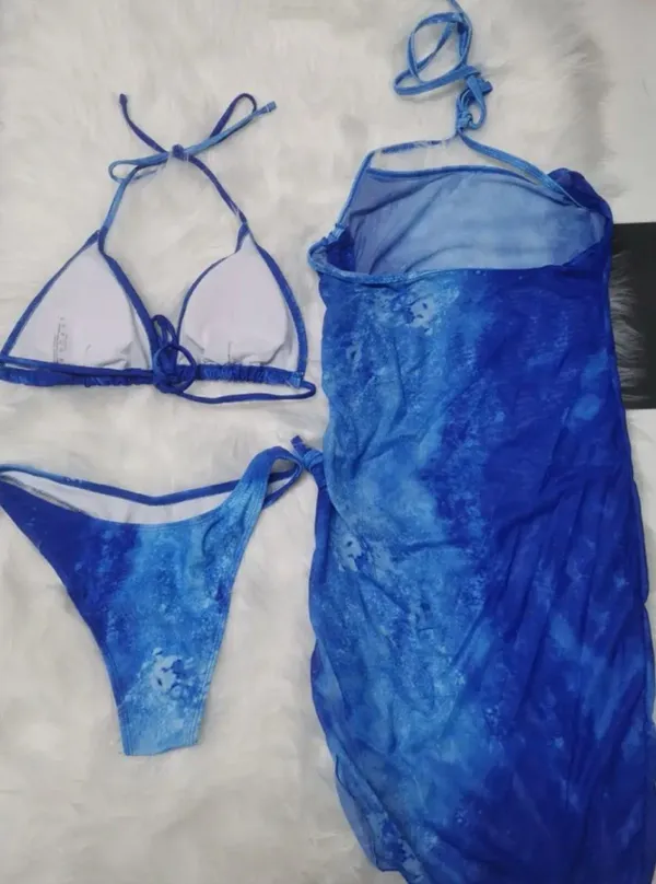 3 Pieces Tie Dye Bikini Sets, Halter Neck High Cut With Cover Up Dress Slight Stretch Swimsuit Size XL - Image 3
