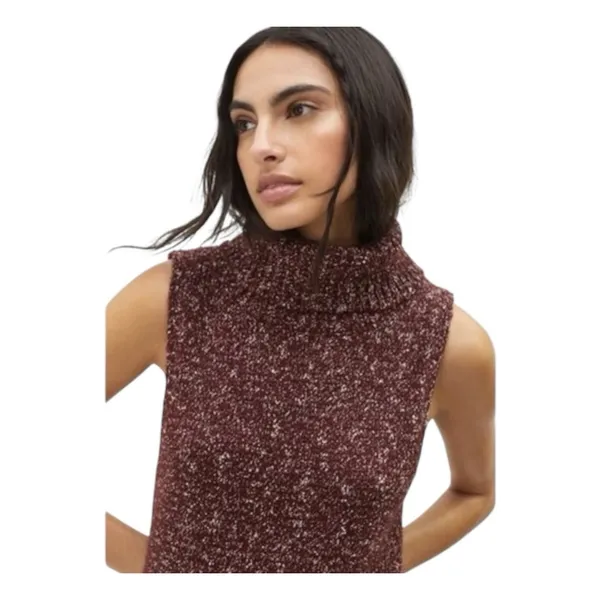 Anthropologie Marled Knit‎ Sleeveless Slit Turtleneck Sweater Tunic Burgundy MED - Image 3