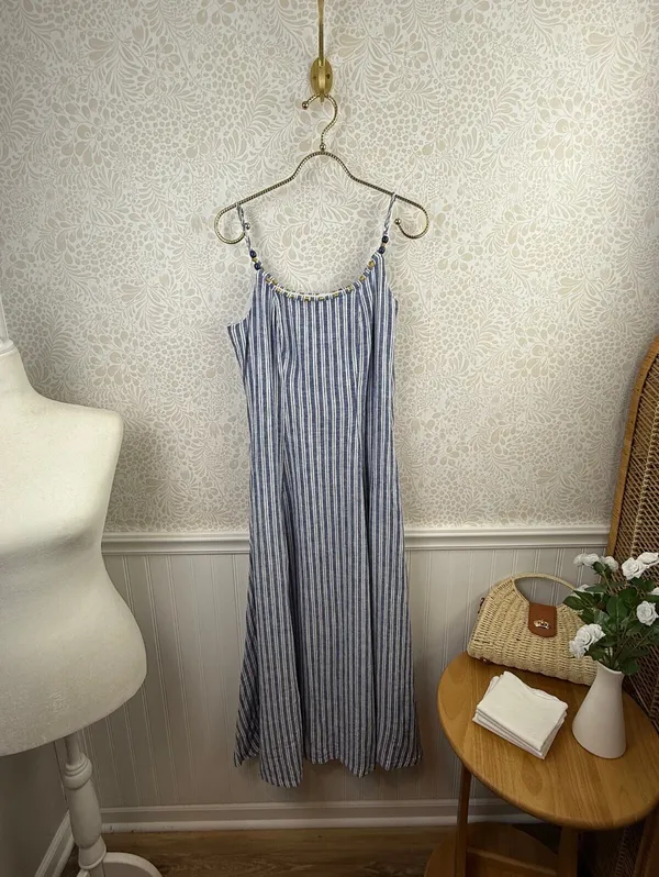 Calypso St. Barth Linen Blue White Striped Beaded Strap Maxi Dress - Size - XS - Image 2