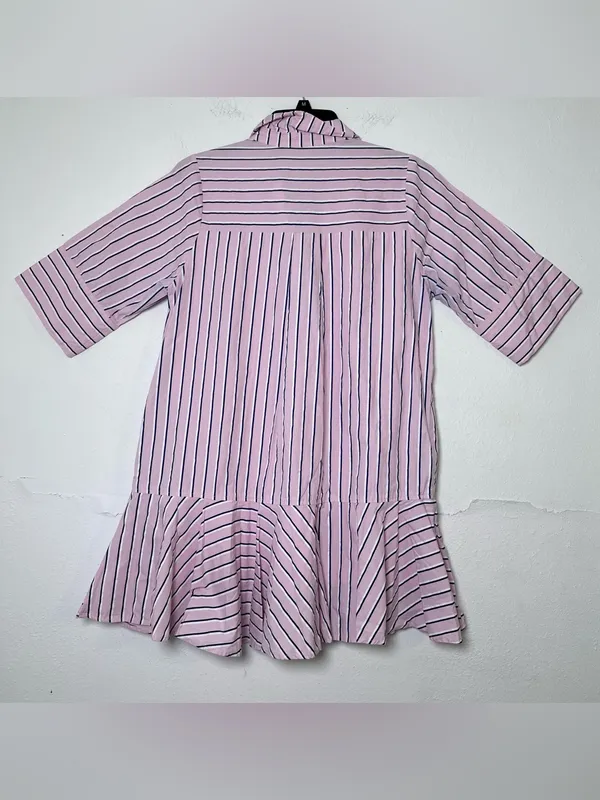Entro Pink White and Navy Parker Striped Ruffle-Hem Mini Shirt Dress Size S - Image 3