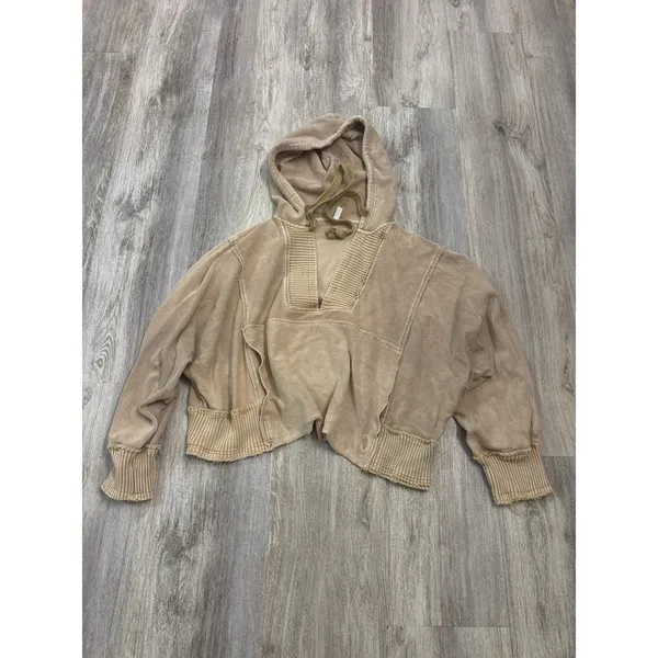 Free People Tikmo Hoodie Tan Acid Wash V-Neck Boxy Pullover Size Medium - Image 2