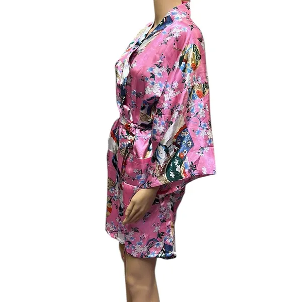 Pink Geisha Lotus Floral Satin Pocket Kimono Robe Tie Belt One Size Fits Most - Image 4