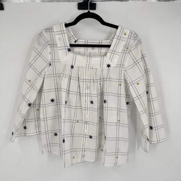 Madewell Embroidered Windowpane Square-Neck Button-Down Top‎ White White Wash XS - Image 2