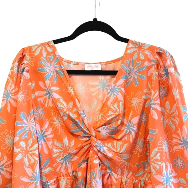 Pink Lily Morning Mimosas Mini Dress Orange‎ Floral Tiered Boho Women Medium - Image 3