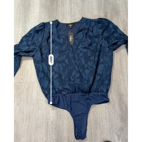 Lulus Navy Blue Floral Jacquard Surplice Long Sleeve Bodysuit Medium Dressy Chic - Image 7