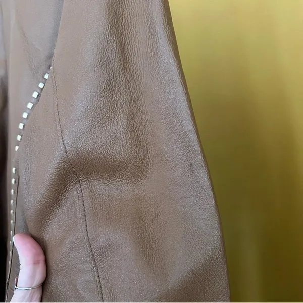 Vintage G Collection Genuine Leather Moto‎ Jacket Contrast Stitch Belt Camel Tan - Image 8
