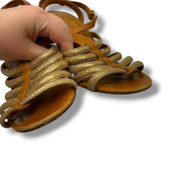 Tory Burch Charlene Sandals 7.5 Tan Gold Leather Heels Dress‎ Party Elegant - Image 5