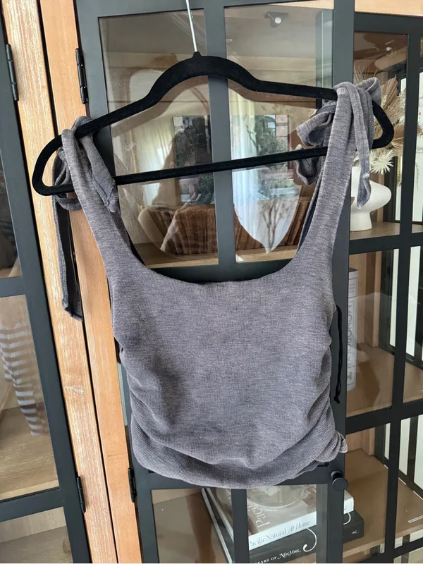Free People boulevard tank top cropped ruched tie straps bow ribbed acid wash - Image 7