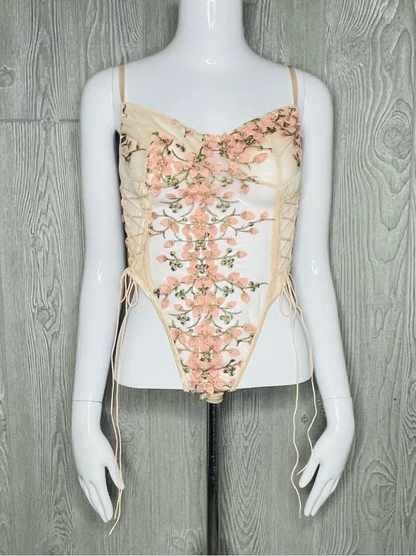 Women’s sheer panel floral embroidered appliqué pink lingerie sleepwear large - Image 3