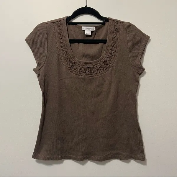 Liz Claiborne Chocolate Brown Y2K Style Ribbed Cotton Top Size L - Image 2
