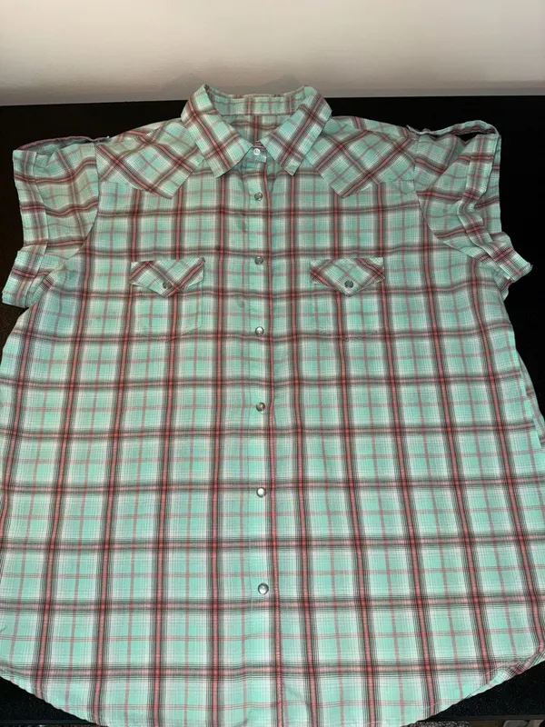 Vintage Turquoise Plaid Pearl Button Western Shirt-XL - Image 3