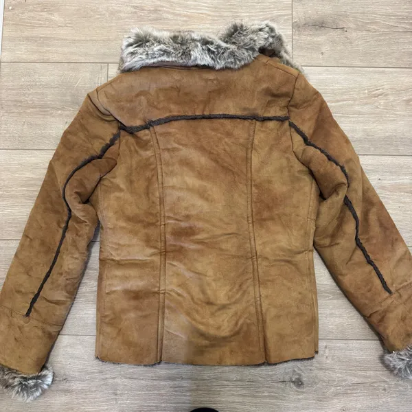Donna Salyers Fabulous Furs Jacket S Brown Faux Suede Shearling Fur Y2K Boho - Image 8