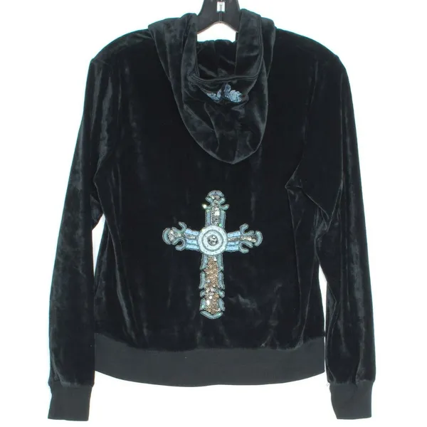 BCBGMaxazria Womens Track Jacket Velour Y2K Hoodie Cross Full Zip Black XL FM - Image 2
