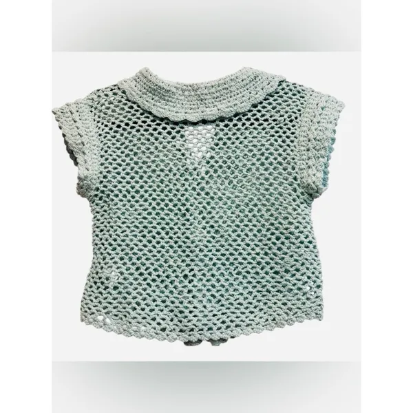Free People Lily Crochet Cropped Spread Collar Button Down Top Aqua‎ Blue XS - Image 5