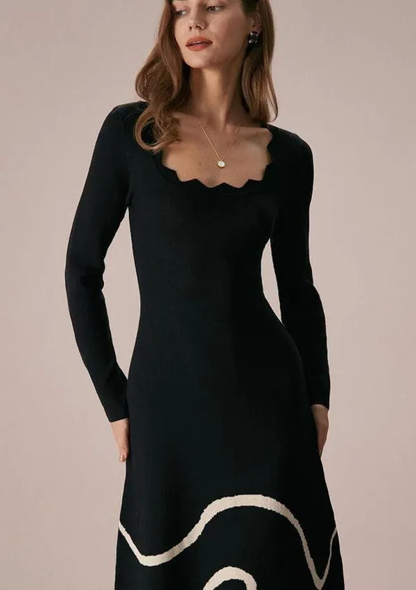 RIHOAS The Black Wave Scalloped Sweater Midi Dress 73 - Image 4